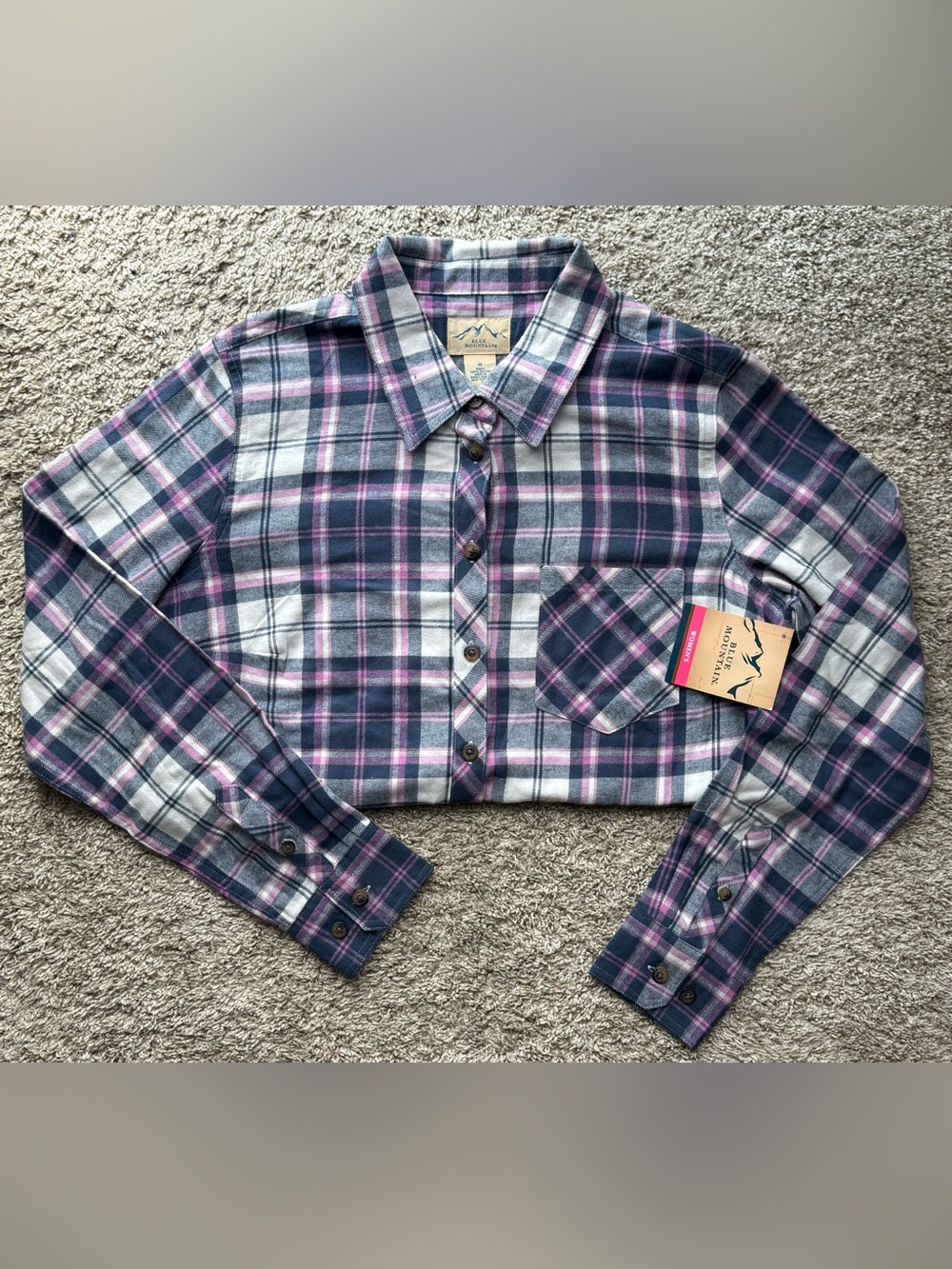 NWT Blue Mountain Women’s Plaid Flannel Button Down Shirt Medium Pink Navy White